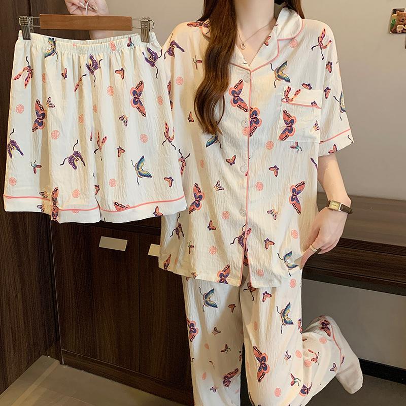 French Premium Butterfly Cloud Cotton Pajamas Women'S Summer Short-Sleeved Three-Piece Casual Lazy Style Loungewear