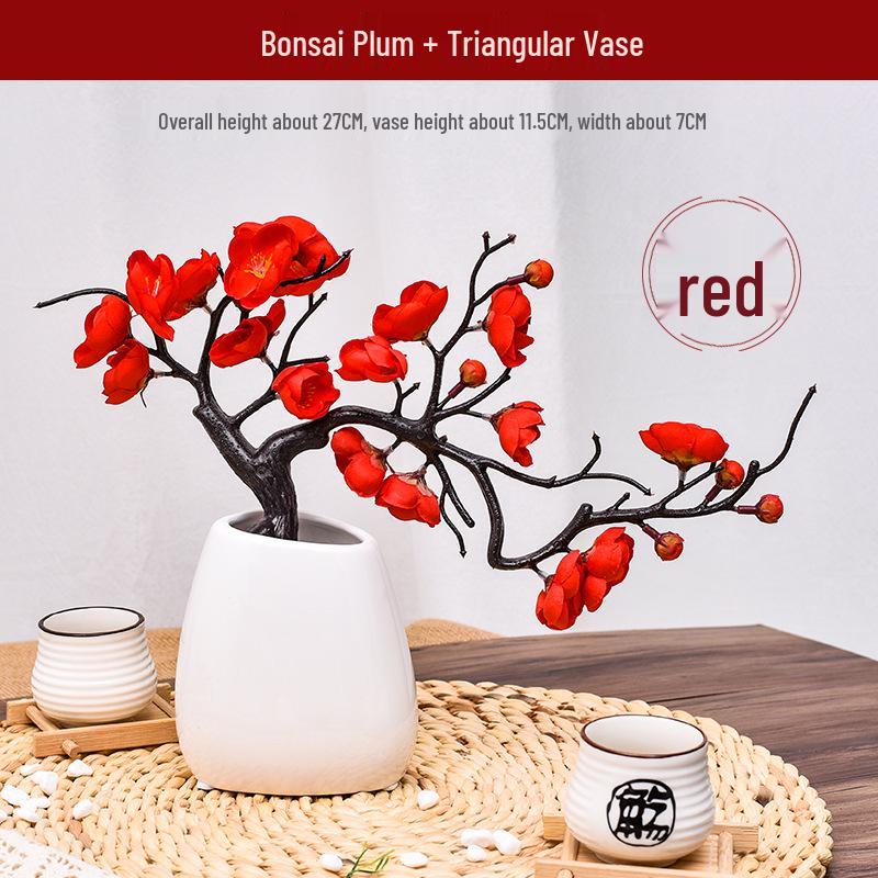Artificial Plum and Peach Blossom Branch Ornament for Living Room - Dried Flowers Bonsai Arrangement In Pot for Indoor Winter Decoration