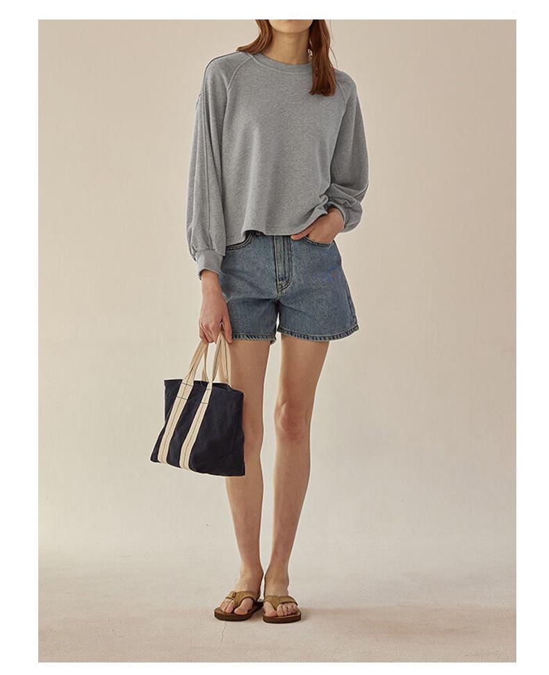 Spring 2025 French Casual Cotton Sweater - Loose Fit, Short Lantern Sleeves for Women