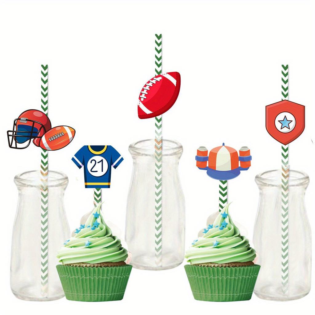 24 Stück Super Bowl Fußball Strohhalm Thema Dekoration Einweg Strohhalm Einstecker Flagge