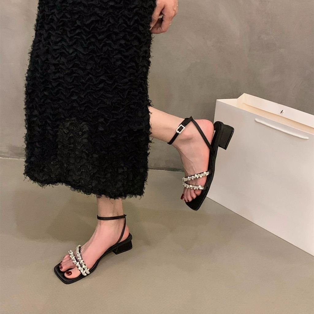 Coarse Heel Rhinestone Strap Sandals Fairy Shoes 2025 New Summer French Black Temperament with Skirt Roman Shoes