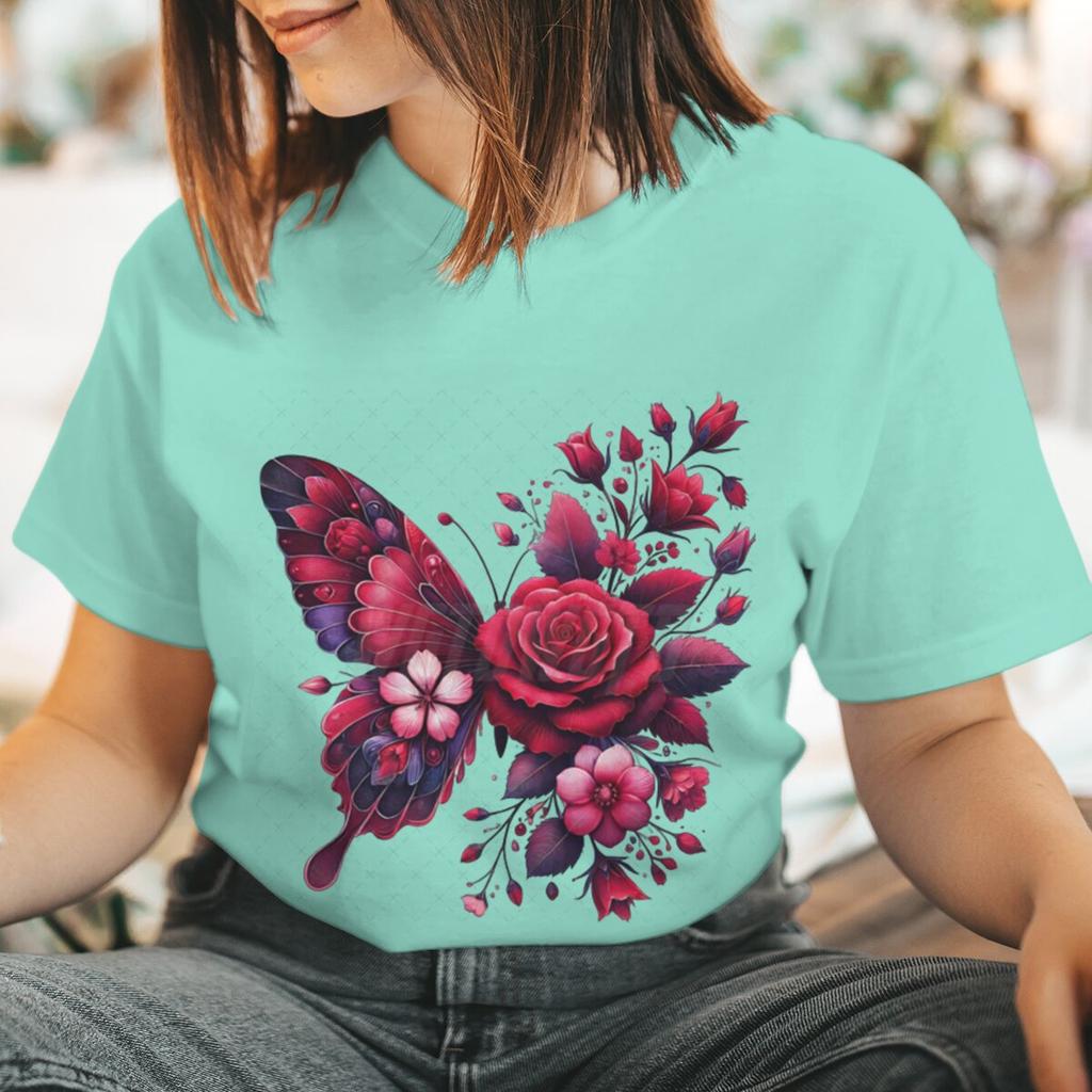 Floral Butterfly Fashion Clothes Summer Spring Flower Tee Ladies Cartoon Clothing Short Sleeve Graphic Women T-shirt Female Top