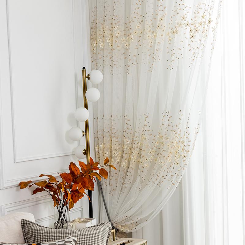 1pc Glam Embroidered Floral Grommet Top Curtain, Semi-Sheer Polyester Window Screen for Bedroom
