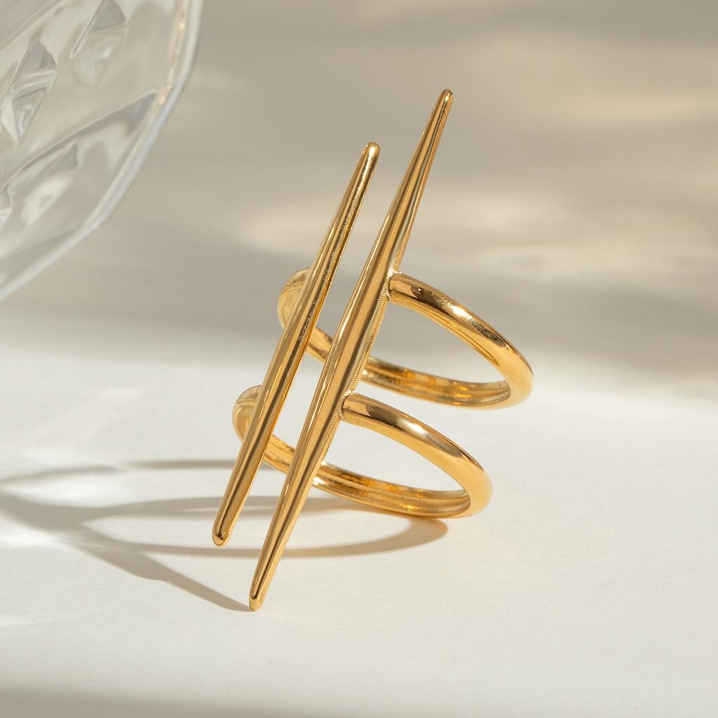 Stainless Steel Vintage 18K Gold Plated Parallel Double Line Hollowed Out Open End Ring Women Anti Allergic Charm Daily Jewelry