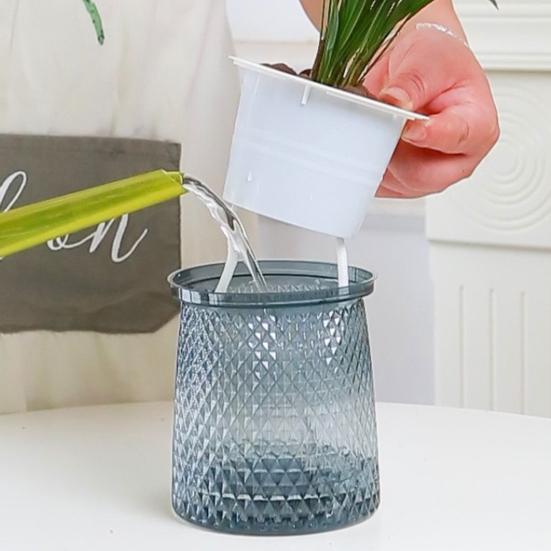 2 Sets Self Watering Flowerpot with Wick Rope Indoor Outdoor Plants Planting Pot with Drainage Hole Clear Reservoir Herbs Flower Planter Pot