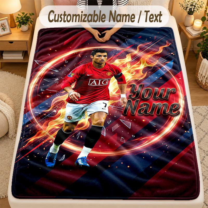 Flannel BlanketCristiano Ronaldo Custom Name Text Personalized Soft Warm Throw Blanket Home Decor Gift