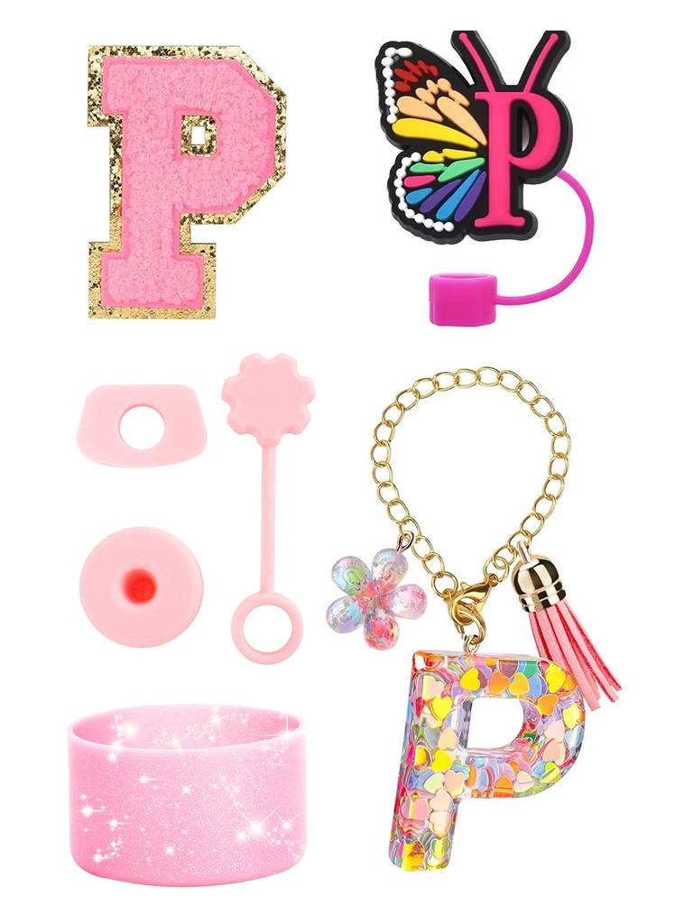 7PCS Cup Accessories Set for Stanley 30oz 40oz Tumbler Initials Silicone Straw Cover Cap Boot Letter Handle Charm Sticker