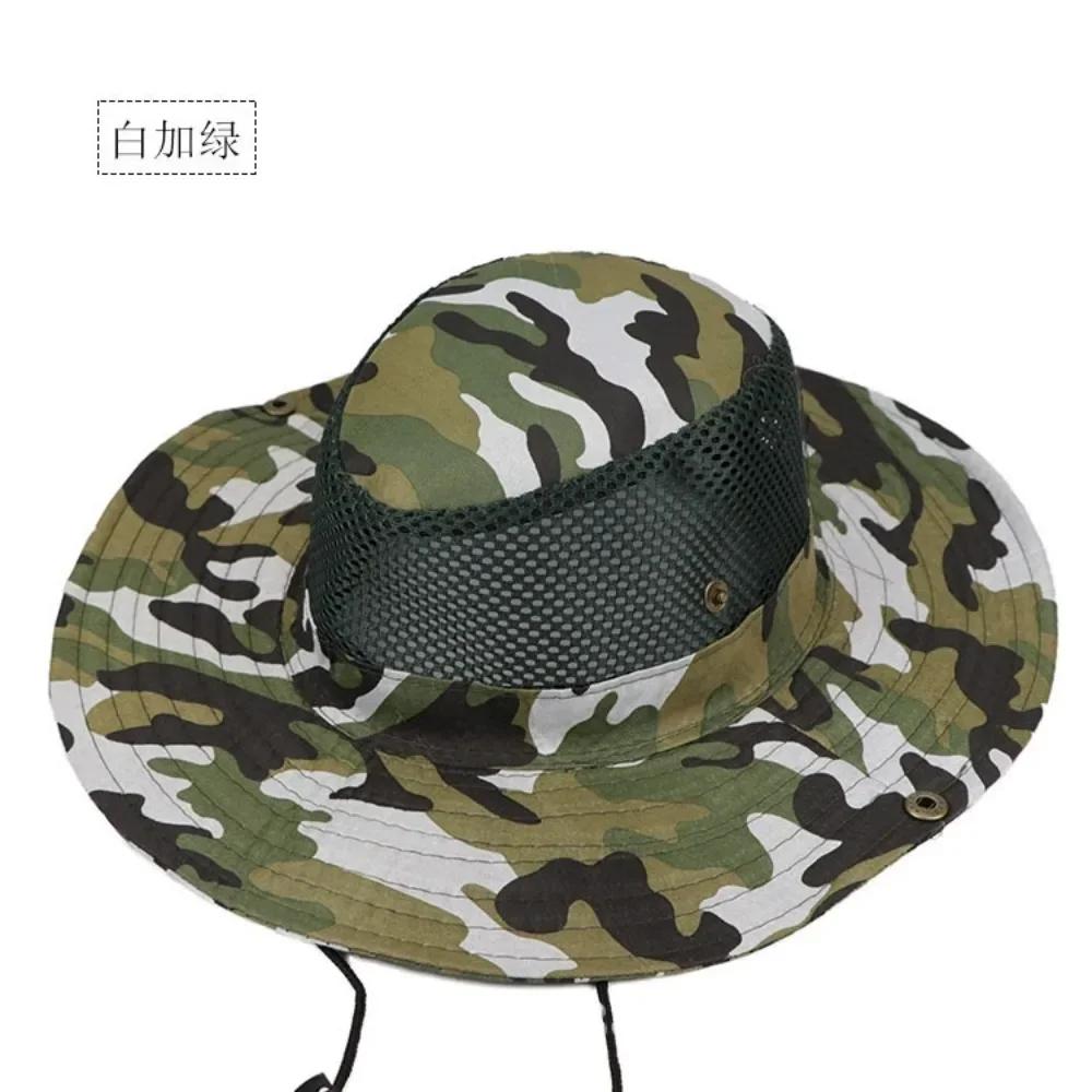 Camouflage Mesh Bucket Hats Wide Brim Beach Hat UV Protection Breathable Hunting Fishing Climbing Hiking Hat Outdoor Men Sun Hat