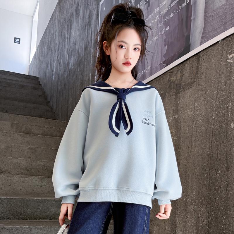 

Девочки Весна и Осень Толстовка с темно-синим воротником и кружевной отделкой Джинсовый комплект 2025 160 cm