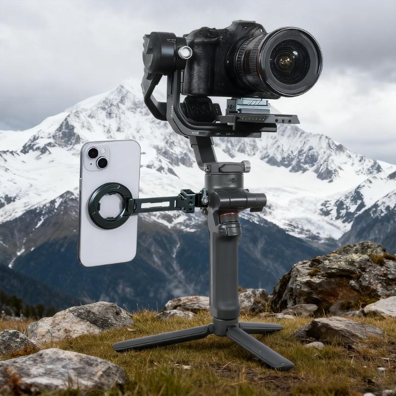 Collapsible Metal Phone Holder Featuring Magnetic Locking System Double Orientation Shoots Cold Shoe Expansion Interface
