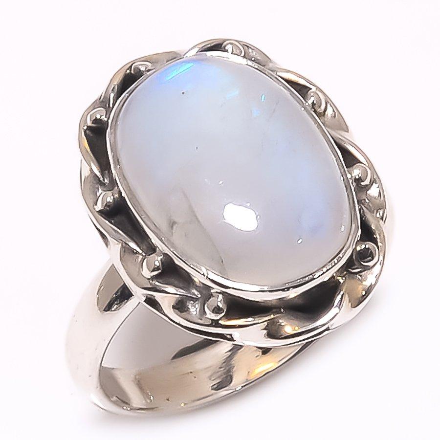 Natural Rainbow Moon Stone Gemstone 925 Solid Sterling Silver Ring Size 6.5 N6U84