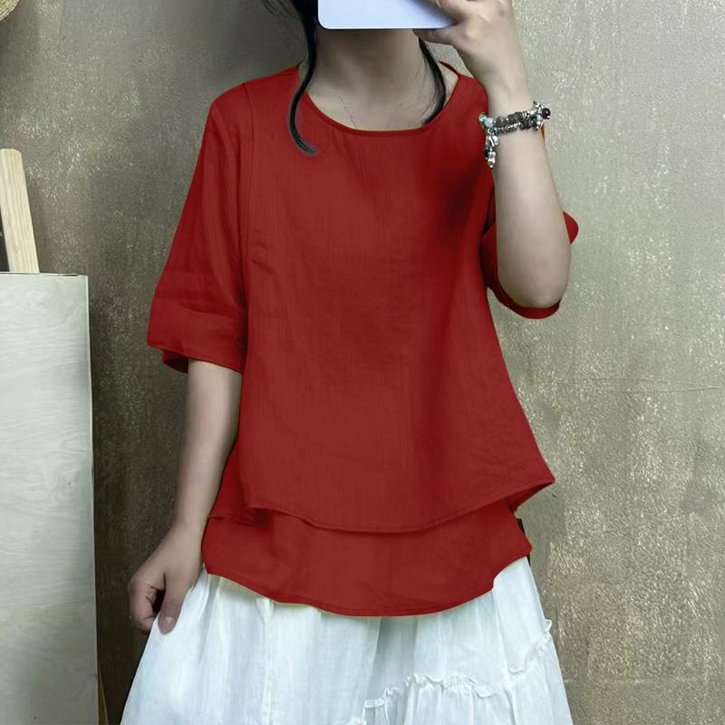 ZANZEA Women Summer Round Neck Loose Casual Half Sleeve Blouse