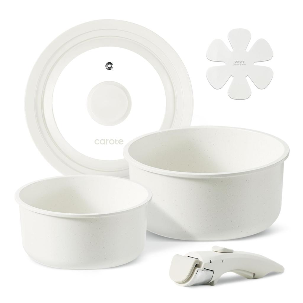 CAROTE 5-Piece Cookware Set (IH & Gas Stove Compatible, PFOA & PFOS Free, 5-Layer Construction, Lightweight, Detachable Handles, 16cm & 20cm Pots,