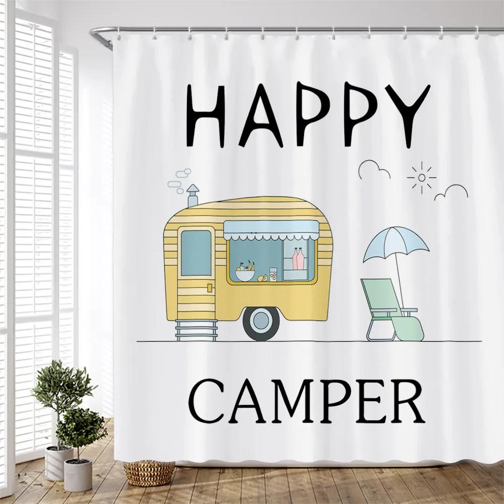 Forest Camping Poster Shower Curtain Camper Car Woods Bathroom Bath Decors Outdoor Landscape Backdrop Cloth 3D Room Curtains Set