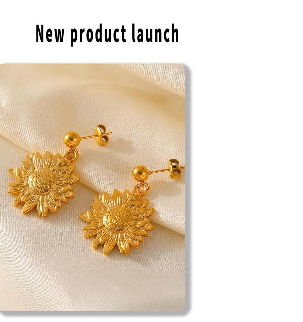 Exaggerated Titanium Steel Sunflower Earrings for Women - Retro High-End Studs