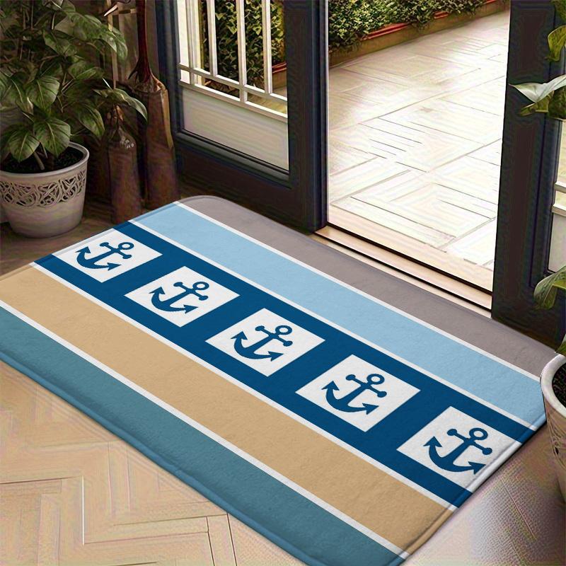 Multi Anchor Nautical Doormat Coastal Blue Beige Stripe Entrance Rug Sailing Theme Non-Slip Welcome Mat Ocean Beach Decor