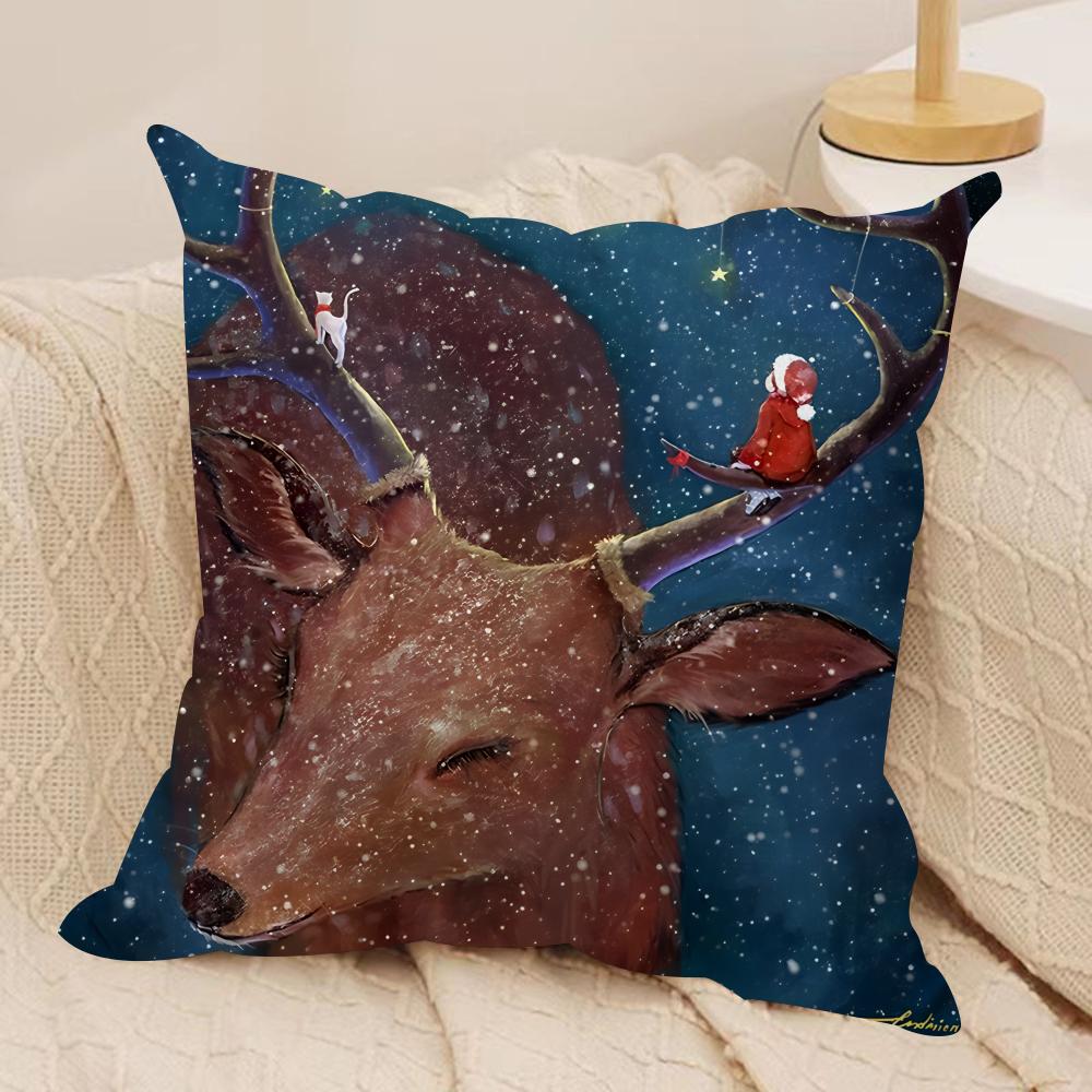 Deer Cartoon Cartoon Cute Cushion Cover Silky Short Plush Invisible Zipper Dustproof Sofa Pillow Case For Home Decor