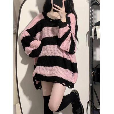 Spring Autumn Sweater Women's Spring and Autumn Medium Long Loose Lazy Style Striped Knitted Sweater Top