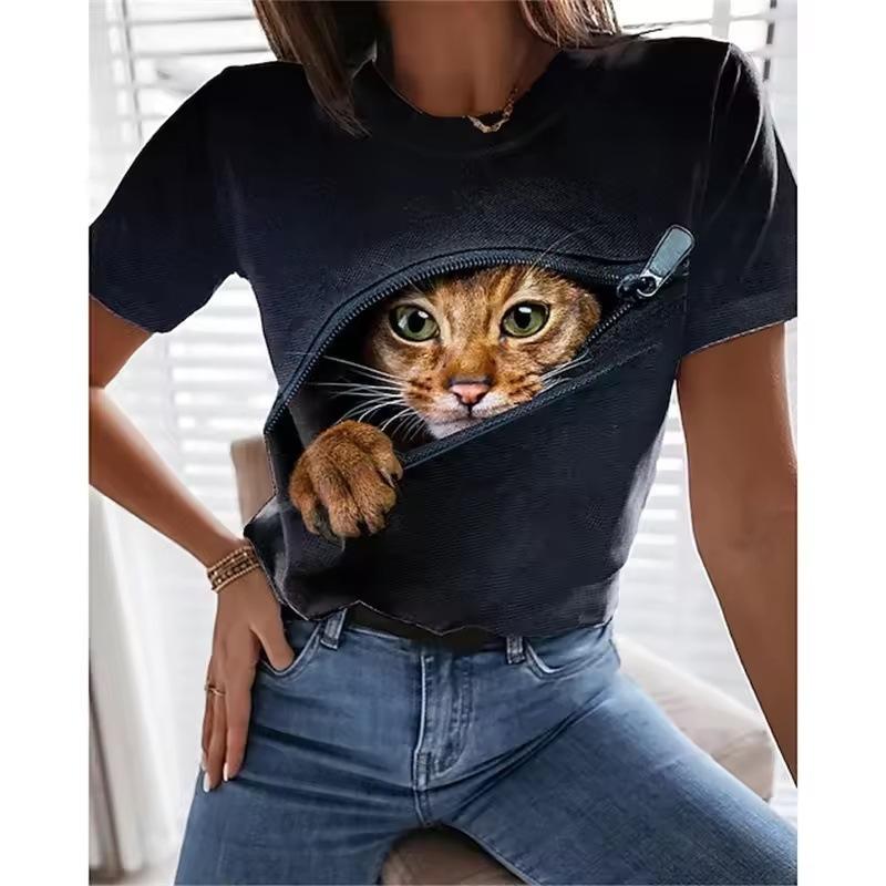 Women's T-shirt 3D Printed Casual Short Sleeved Cute Kitten Pattern Print O-Neck Top Fashionable Street Women's Clothing