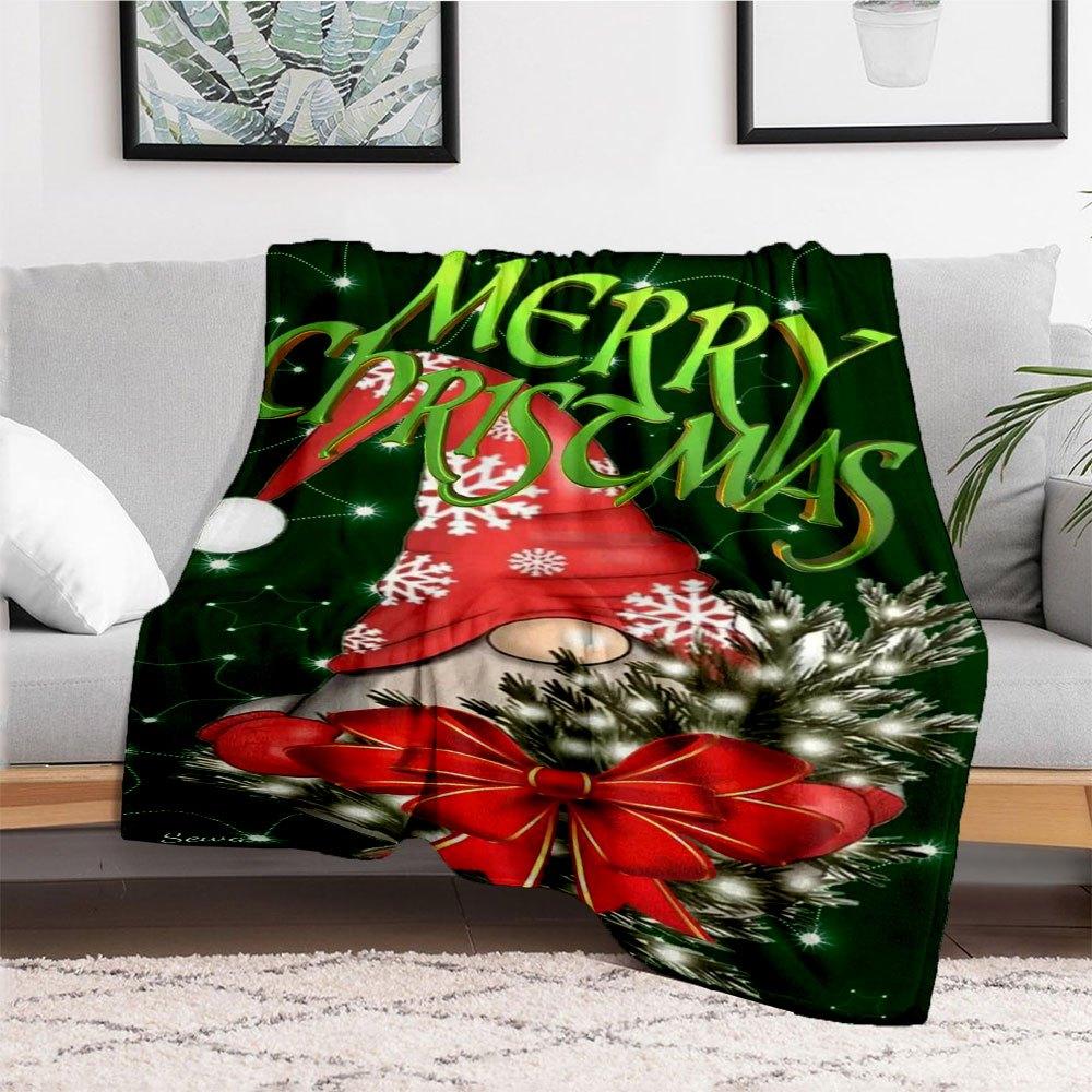 "Merry Christmas Gnome with Red Bow Decoration"Blanket Flannel Throw Blanket for Sofa, Bed, Travel, Camping, Office