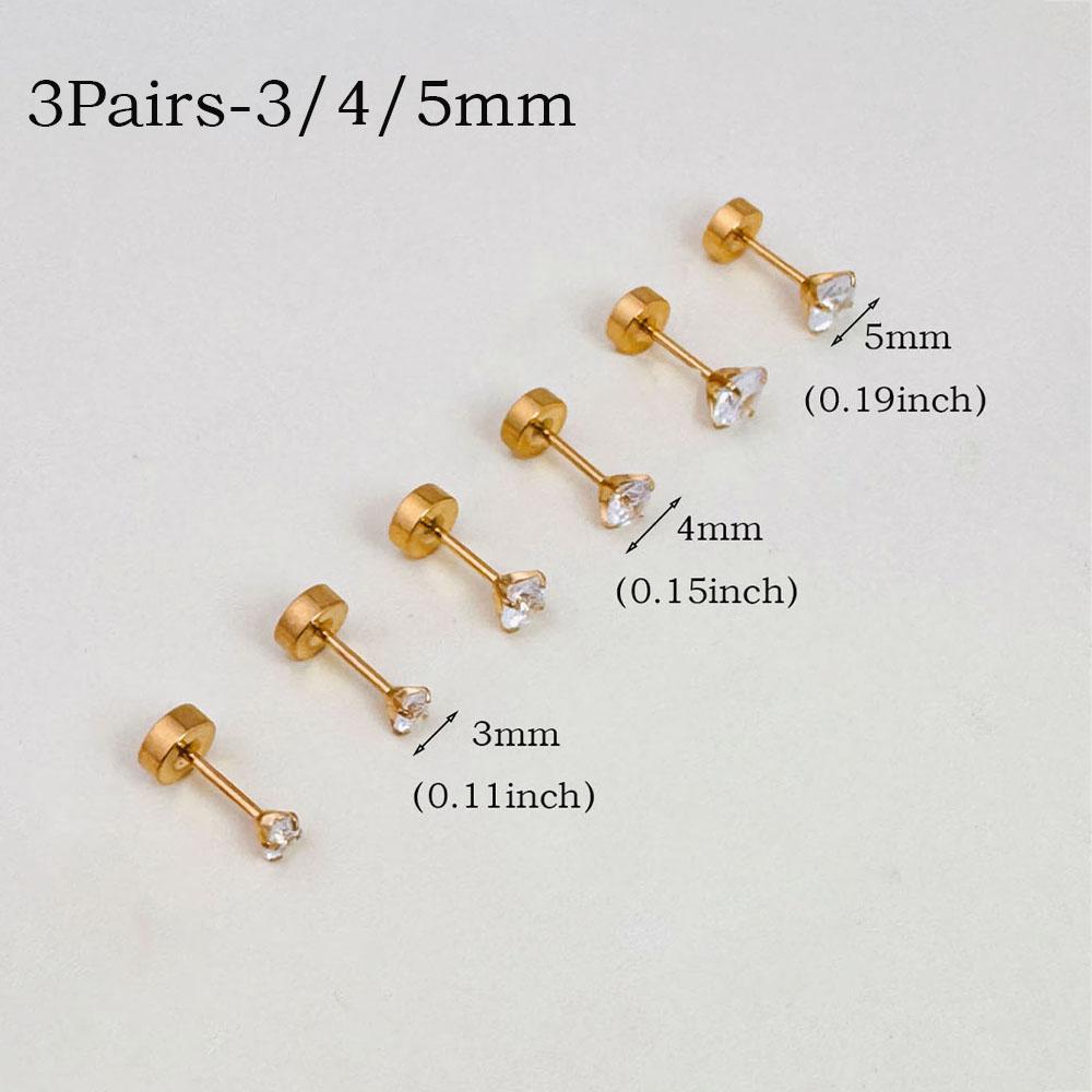 6Pairs Stainless Steel Flat Back Screw Studs Earrings For Women Men 4 Prong Tragus Small Round Clear Cubic Zirconia Ear Jewelry