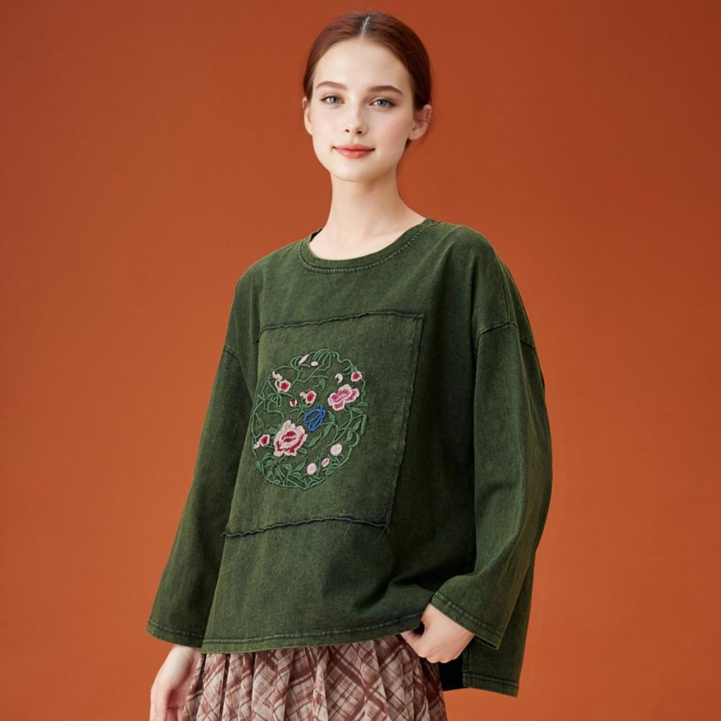 DIMANAF 2026 Summer Cotton T-shirt Women Flower printing Short Sleeve Loose Green Blue T-shirt