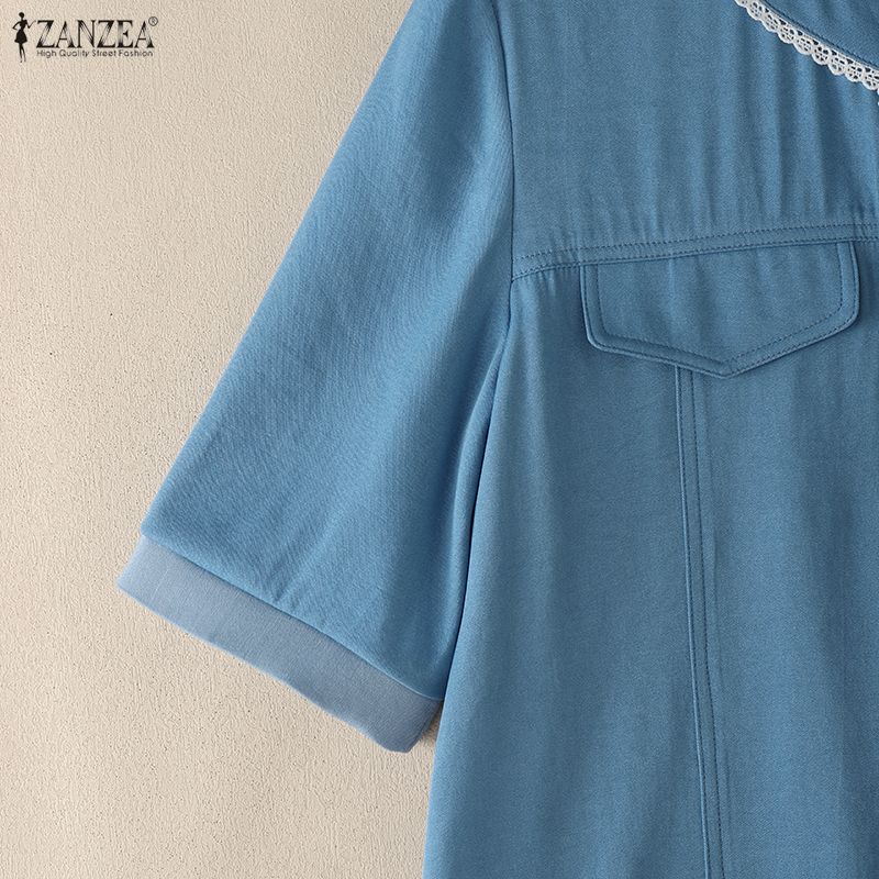ZANZEA Women Summer V-Neck Splice Lace Casual Short Sleeve Blouse