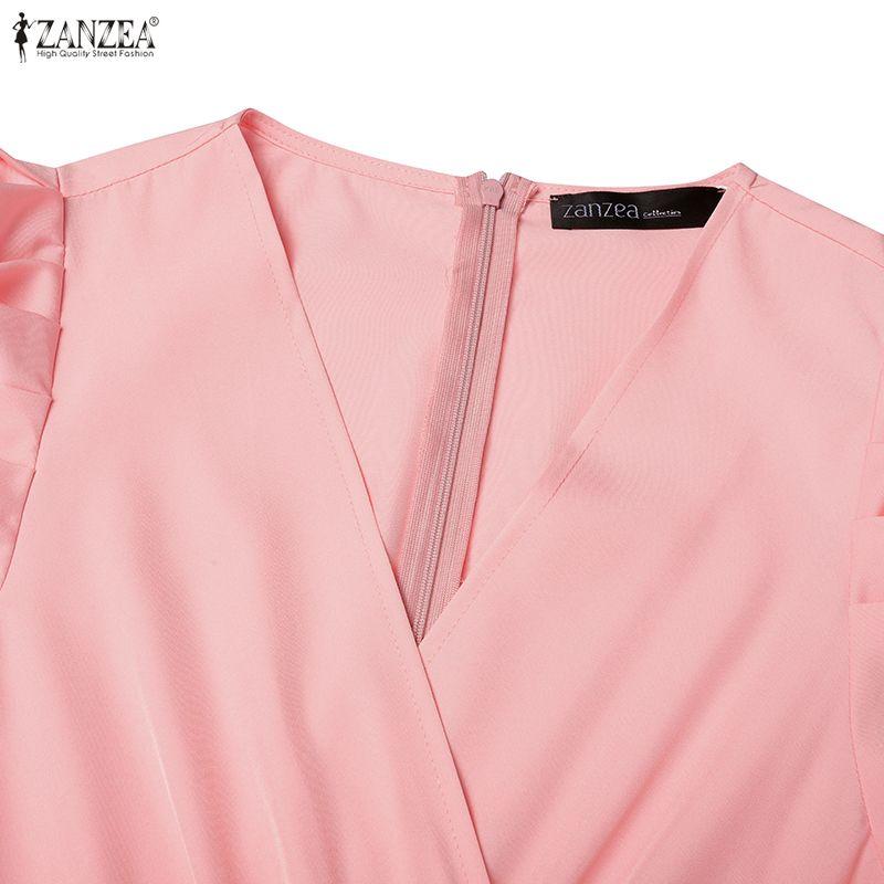 ZANZEA Women Casual V-neck Puff Short Sleeve Summer Long Dress