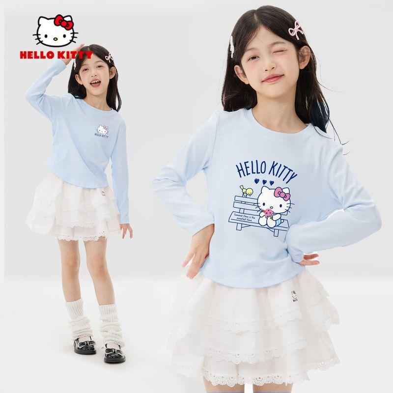 Hello Kitty Girls' Autumn Outfit Set, Stylish Children's Autumn Clothes, Long-Sleeved T-Shirt and Skirt for Older Girls, Trendy