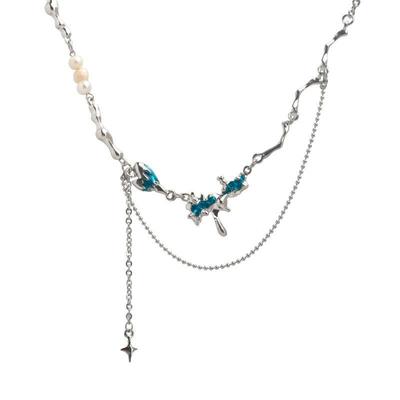 Double Layer Blue Four-Pointed Star Zircon Necklace Ins Style Light Luxury Clavicle Chain For Women Girlfriend Jewelry Gift