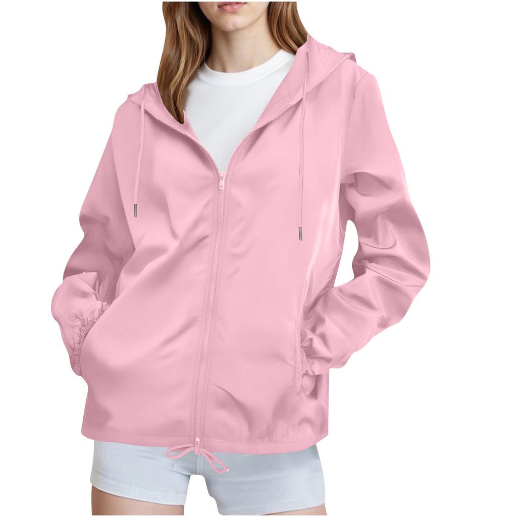 Women Solid Rain Jacket Outdoor Plus Waterproof Hooded Raincoat Windproof