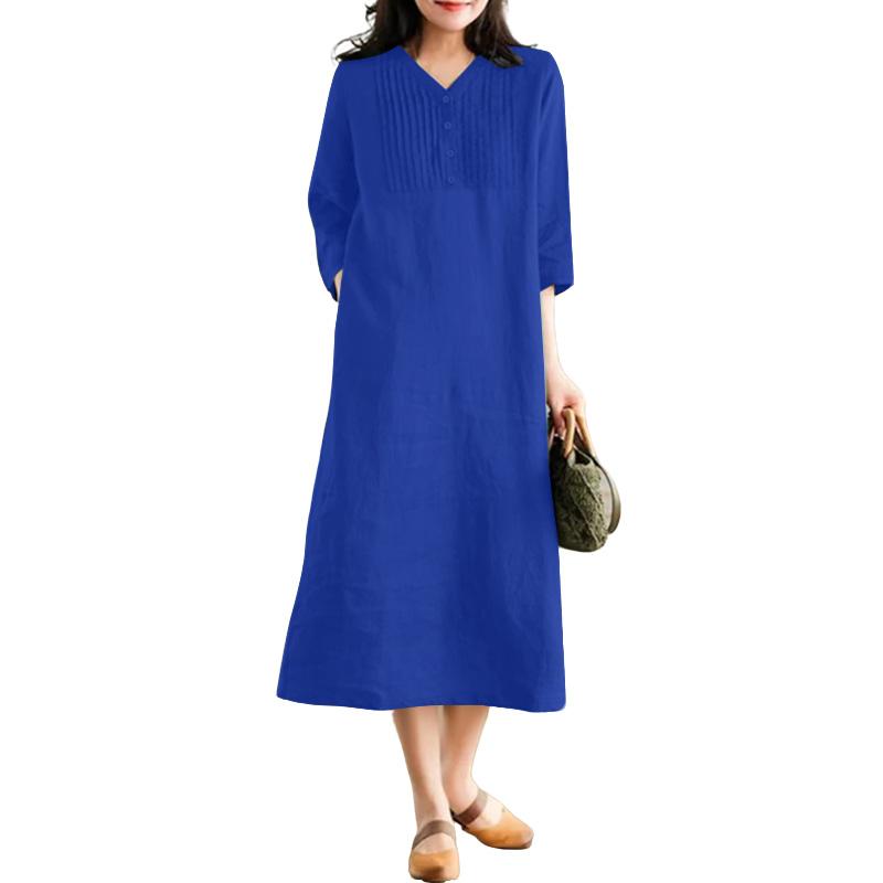 

ZANZEA Женское повседневное платье с V-образным вырезом, рукавами 3/4, однотонное, свободного кроя, длинное 5XL темно-синий