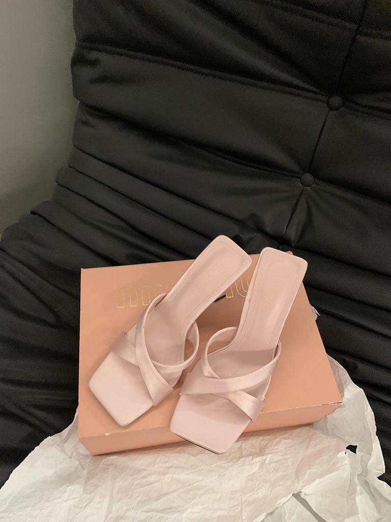 2025 summer new cross-band fashion versatile medium-heeled slippers open-toed square-heeled French high-heeled cool slippers