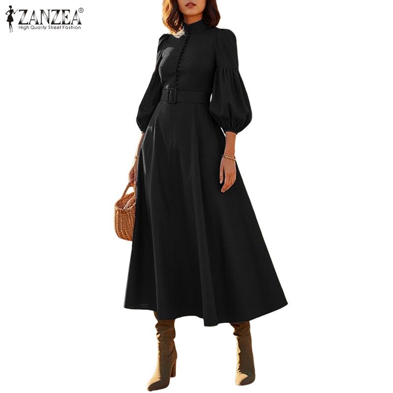 ZANZEA Damenmode Stehkragen 3/4-Ärmel Elegant Lässig A-Linien-Kleid