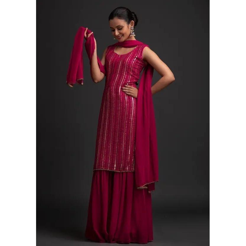 Party Wear Georgette Top Tunic Kurta Sharara Dupatta Set Women Designer Kurti VFP-1855a