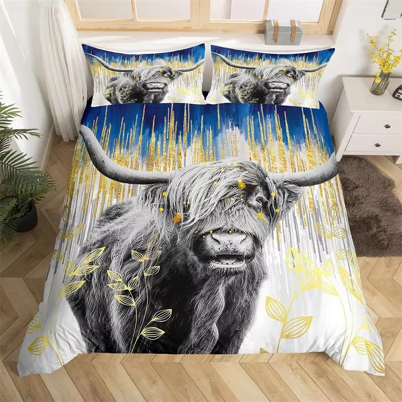 Highland Cow Duvet Cover Western Farmhouse Animal Bedding Set Microfiber Farm Bull Cattle Floral Comforter Cover Twin King Size