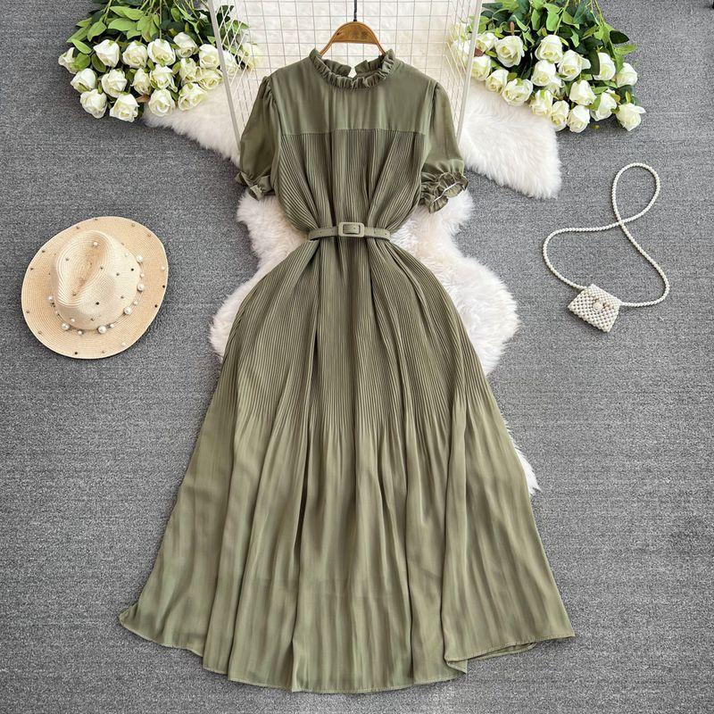 Spring and Autumn New Arrival French Style Retro round Neck Short Sleeves Chiffon Dress Women's Tight Waist Slim Looking Elegant Pleated Midi Dress