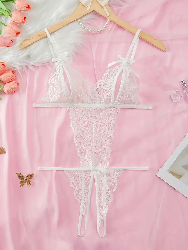 White Hollow Crotchless Bodysuit Slim Erotic Mesh Lace Jumpsuit Bodysuit Summer Sexy Fashion Sleepwear Dress  Women Clothing