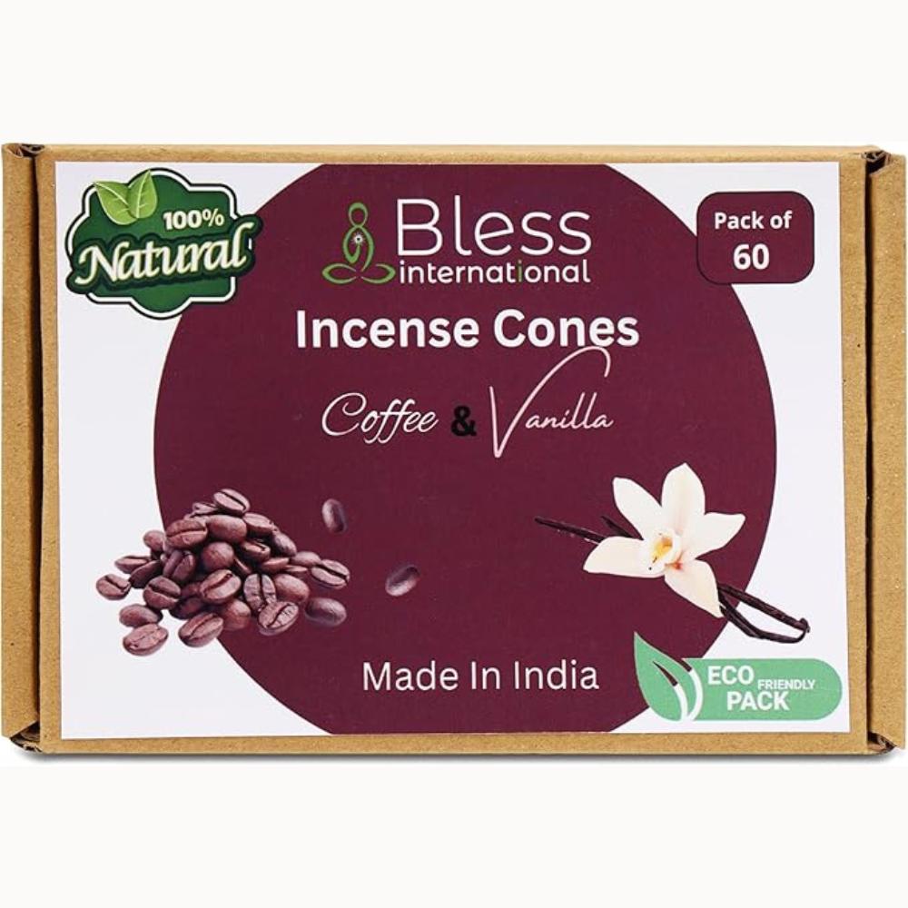 Bless International Coffee and Vanilla 100%-Natural-Incense-Cones Handmade-Hand-Dipped Organic-Chemicals-Free for-Purification-Relaxation-Positivity