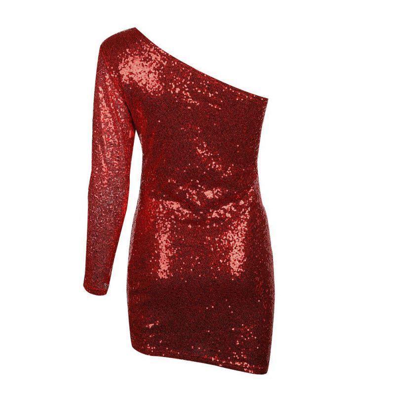Womens Evening Party Skirt Sexy Single Sleeve Club Dress With Sparkling Night Sequin Shoulder