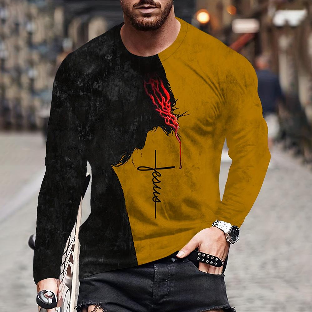 Fashion Jesus Cross Pattern T Shirt for Men 3D Lion Print Long Sleeve T-Shirt Hip Hop Trend Vintage Clothes Oversized T-Shirt
