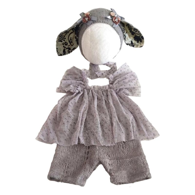Baby Girls Photoshoots Outfit Elegant Lace Dress Tulle Skirt Adorable Animal Ear Design Hat for Newborns Portraits