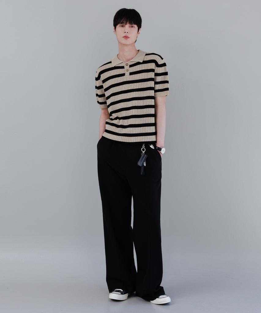 NODU Waffle Stripe Collar Crop Half Knit [Beige]