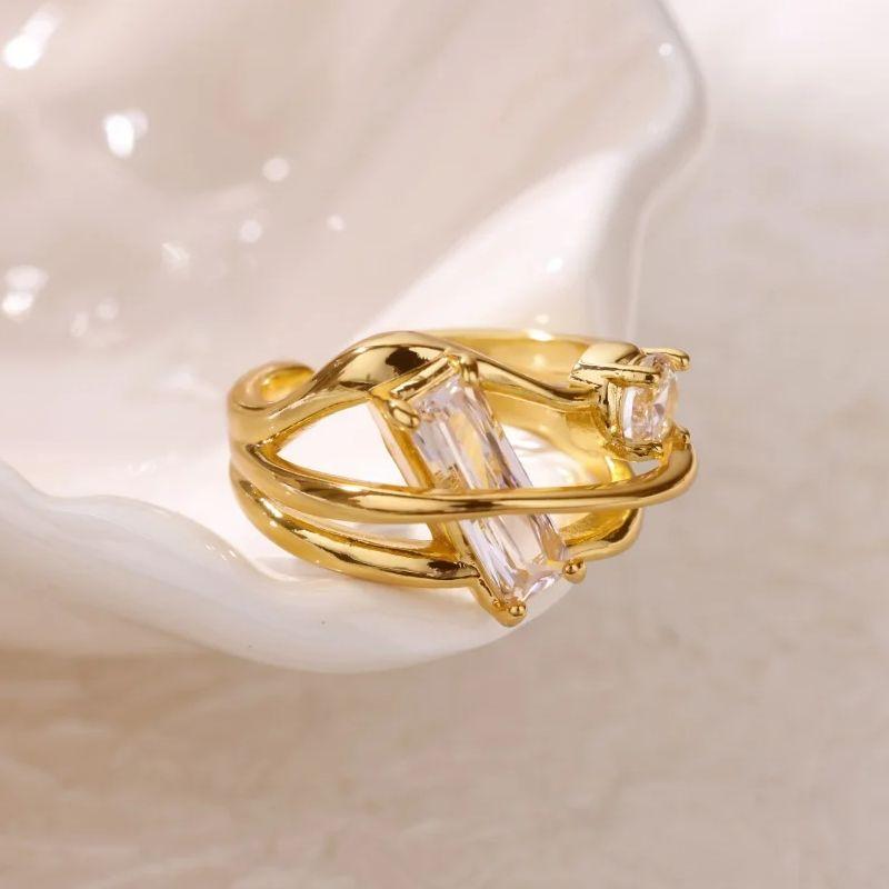Geometric Zircon Wave Open Ring For Women Stainless Steel Ring New Luxury Fashion Wedding Couple Jewelry Gift