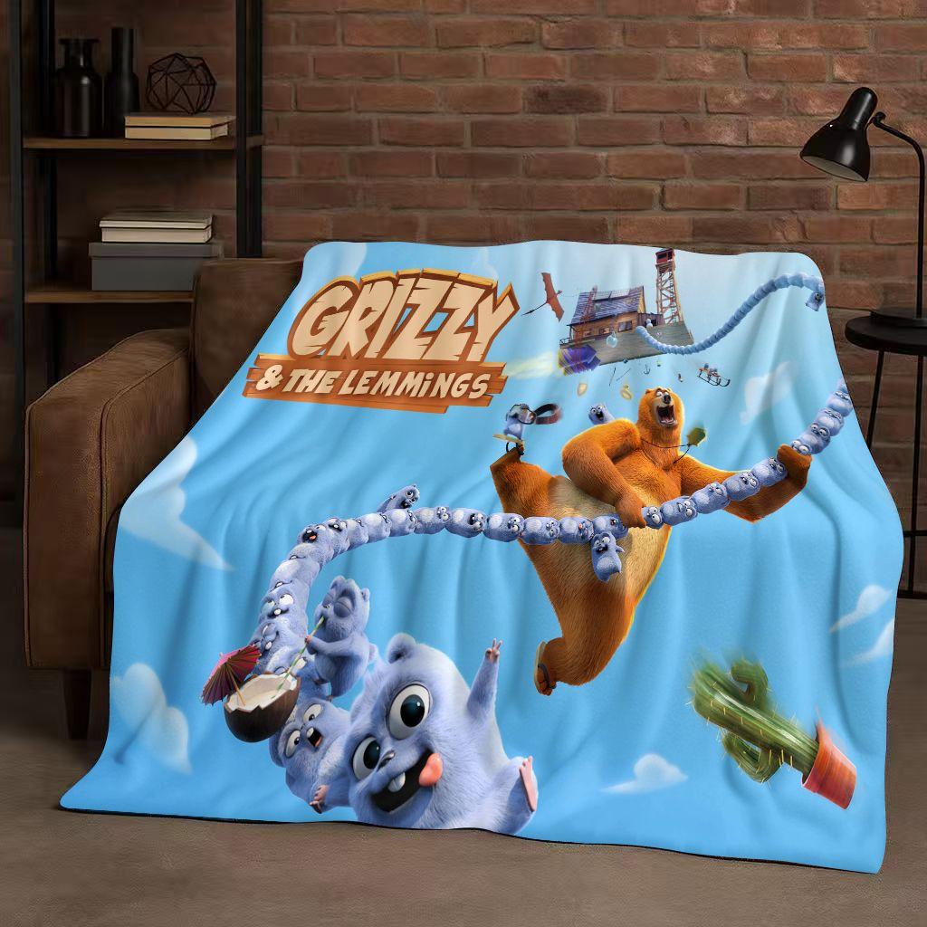 Kawaii Grizzy and The Lemmings Cartoon Flannel Blanket,Ultra Soft Warm Plush Throw for Home Bedroom Bed Sofa Cover Kids Gift