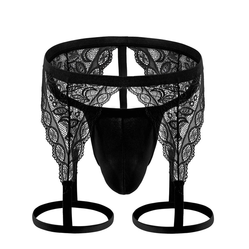 Men's Lace Suspender Garter Thong with Bulge Pouch and T-Back