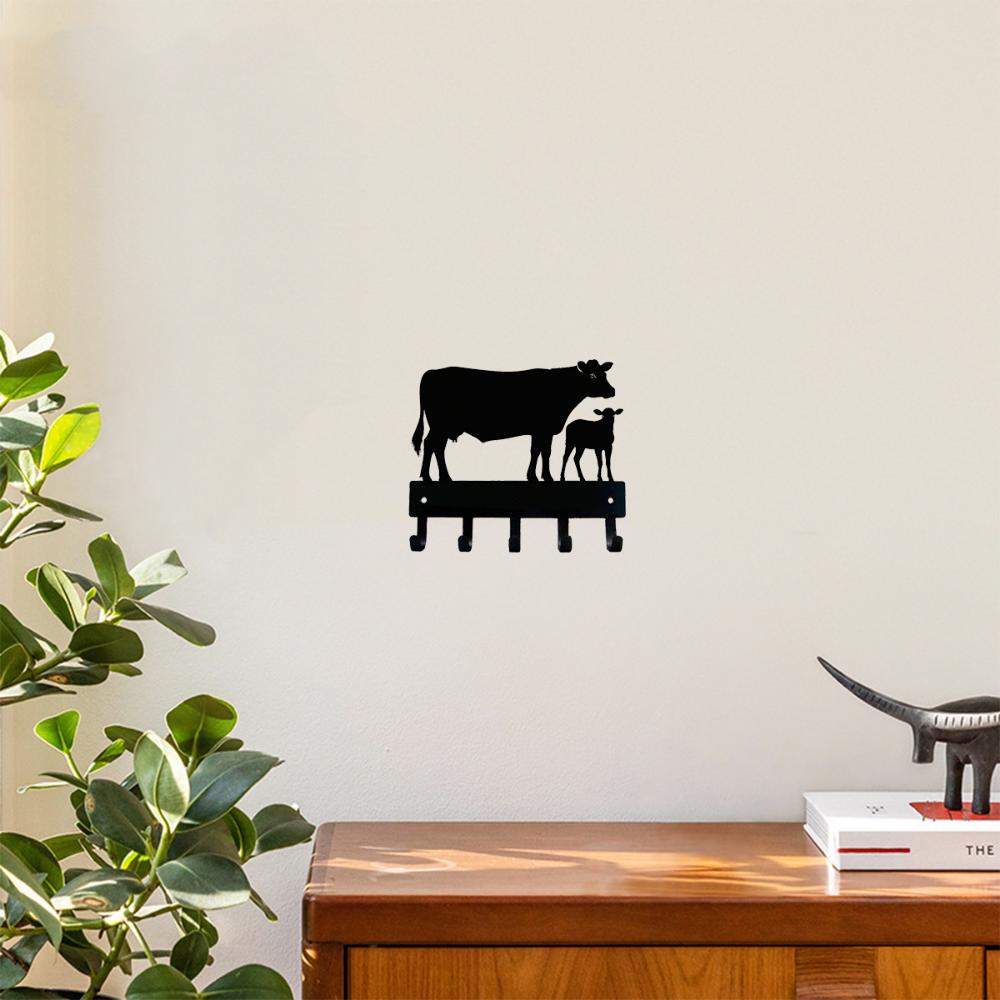 1pc Cow and Calf Cattle Farm Key Rack Holder - Small 6 Inch Wide Metal Wall Art Wall-mounted Hooks Key Holder Coat Rack