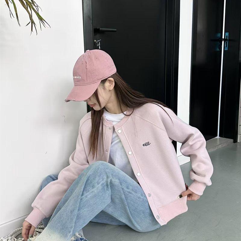 

Весна 2025 Новое поступление Женская K-стиль с круглым вырезом Бейсбольная верхняя одежда Женский повседневный кардиган Топ Короткий свитер Длинный рукав Pink M