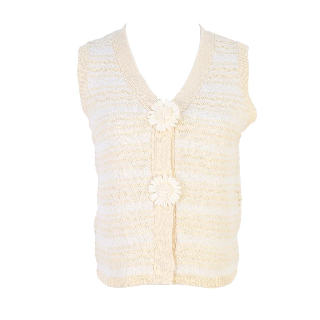 French V-Neck Slim Fit Cardigan - Floral Button, Sleeveless Knitwear for Spring/Summer