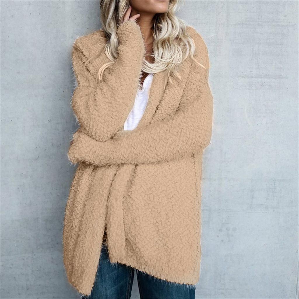 Damen-Strickjacke, langärmelig, lockerer Pullover, Kapuzenpullover, einfarbig, flauschiger Mantel, lässige Oberteile